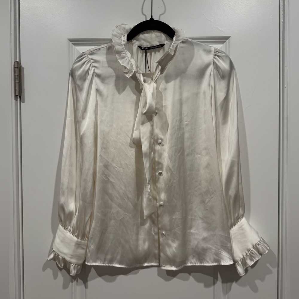 ZARA Silky Ivory Ruffle Tie-Neck Blouse